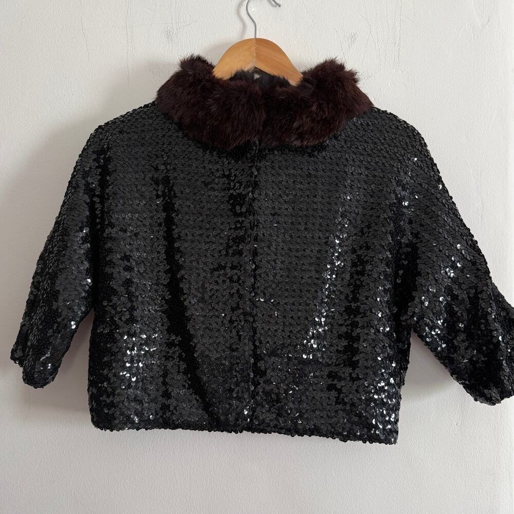 1960s Vintage Mink Fur Trimmed Sequin Cropped Evening Jacket | Medium - Picture 2 of 8